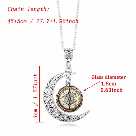 Vintage Silber Legierung Hohl Halbmond Kompass Muster Glas Anhänger Halskette Für Damen Retro Boho Stil Schmuck
