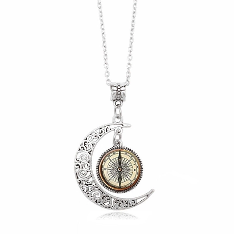 Vintage Silber Legierung Hohl Halbmond Kompass Muster Glas Anhänger Halskette Für Damen Retro Boho Stil Schmuck