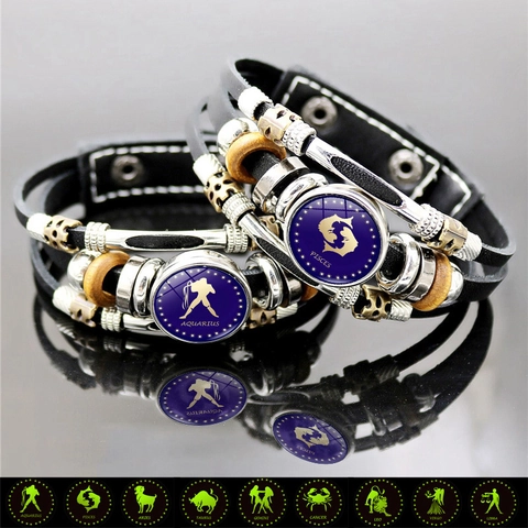 Luminous 12 Zodiac Sign Synthetic Leather Bracelet Retro Punk Handmade Woven Alloy Glass Charm Bracelet Men Women Fashion Jewelry
