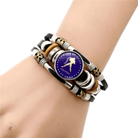 Luminous 12 Zodiac Sign Synthetic Leather Bracelet Retro Punk Handmade Woven Alloy Glass Charm Bracelet Men Women Fashion Jewelry