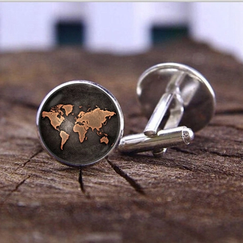 Vintage World Map Glass Gem Cufflinks Alloy Electroplated Men Business Shirt Cuff Links Round Map Pattern Jewelry For Banquet