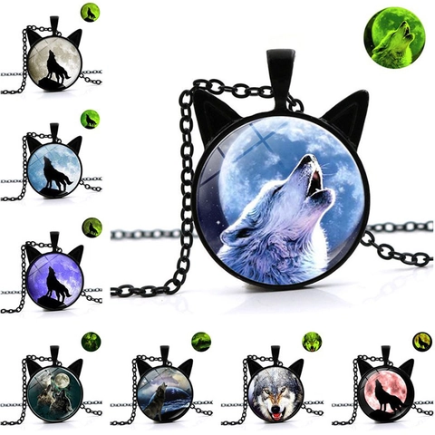 Collier Pendentif Loup Lune Lumineux Alliage Verre Cadre Oreille de Chat Chaîne Noire Bijoux Animaux Luminescence Nocturne Homme Femme