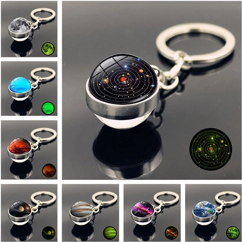 Solar System Planet Double Sided Luminous Glass Ball Keychain Luminous Moon Earth Sun Galaxy Metal Keyring Jewelry Gift