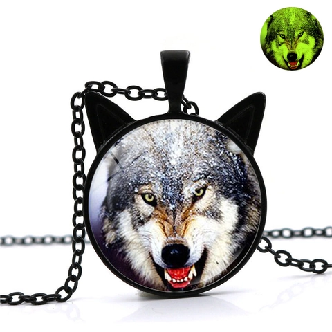 Collier Pendentif Loup Lune Lumineux Alliage Verre Cadre Oreille de Chat Chaîne Noire Bijoux Animaux Luminescence Nocturne Homme Femme