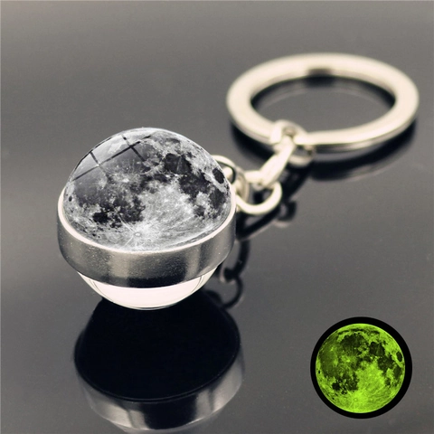 Solar System Planet Double Sided Luminous Glass Ball Keychain Luminous Moon Earth Sun Galaxy Metal Keyring Jewelry Gift