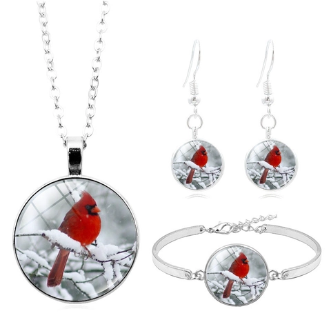 Kardinalvogel Schmuckset Für Damen Legierung Glas Cabochon Winter Schneeszene Halskette Ohrringe Armband Winter Natur Schmuck Geschenk