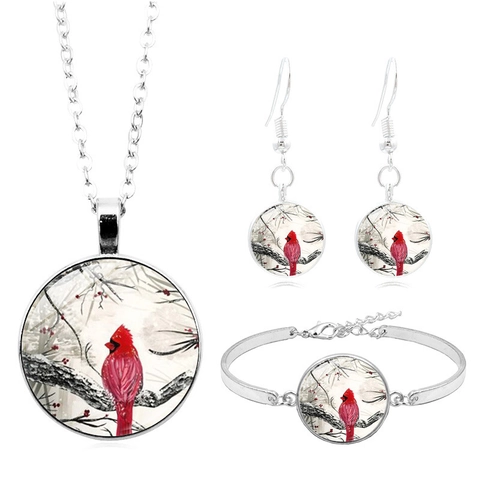Kardinalvogel Schmuckset Für Damen Legierung Glas Cabochon Winter Schneeszene Halskette Ohrringe Armband Winter Natur Schmuck Geschenk
