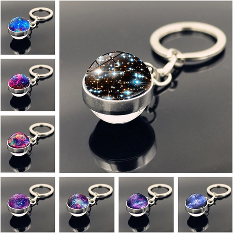 Galaxie Nebel Doppelseitige Glaskugel Schlüsselanhänger Silber Zinklegierung Universum Weltraum Planet Anhänger Für Tasche Dekor Geschenk