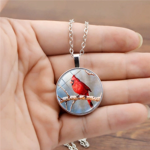Vintage Cardinal Bird Glass Time Gem Pendant Necklace Silver Plated Alloy Chain Winter Nature Animal Jewelry For Women