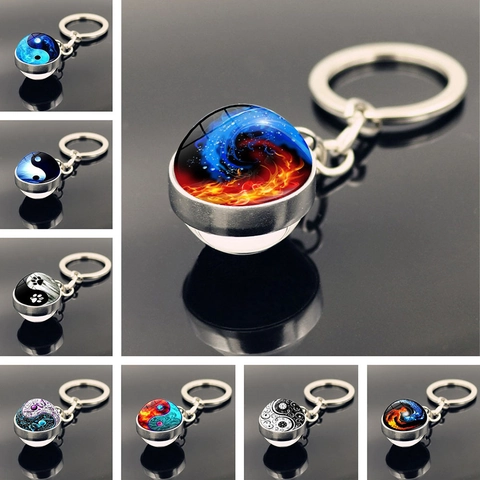 Porte-clés Yin Yang Tai Chi Gemme du Temps Alliage de Zinc Pendentif Boule de Verre Double Face Motif Dragon Mandala Bijoux Cadeau