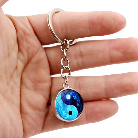 Porte-clés Yin Yang Tai Chi Gemme du Temps Alliage de Zinc Pendentif Boule de Verre Double Face Motif Dragon Mandala Bijoux Cadeau