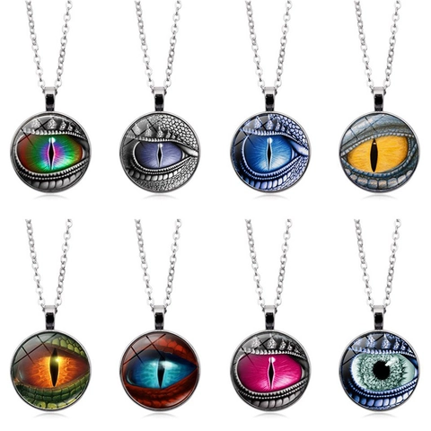 Collier Pendentif Oeil de Dragon Fantaisie Gemme du Temps en Verre Rond Steampunk Alliage Bijoux de Cou Oeil d'Animal