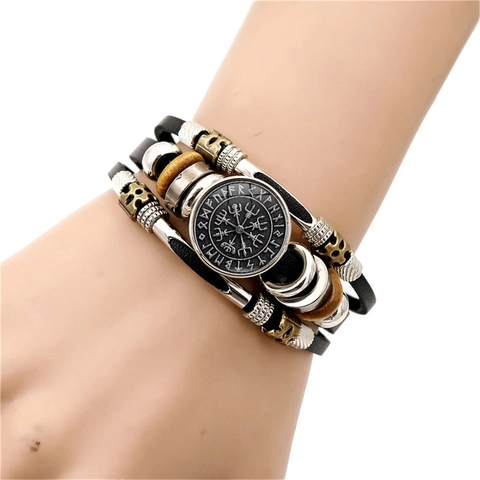 Men Viking Compass Leather Bracelet Multi Layer Braided Rune Bead Punk Retro Nordic Ethnic Adjustable Jewelry Gift
