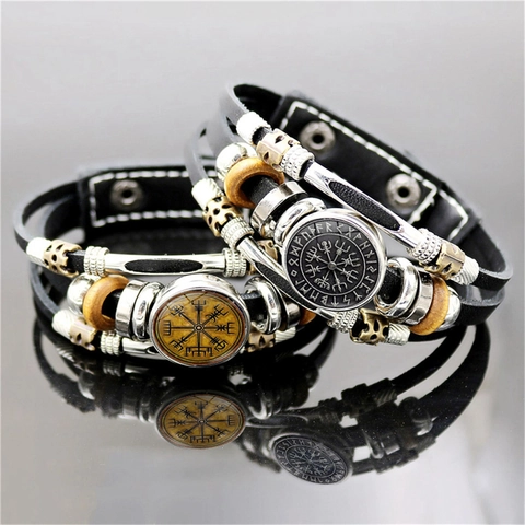 Men Viking Compass Leather Bracelet Multi Layer Braided Rune Bead Punk Retro Nordic Ethnic Adjustable Jewelry Gift