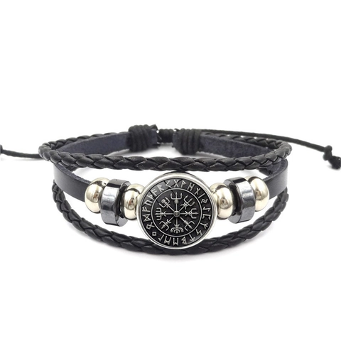 Viking Compass Vegvisir Multi-layer Leather Bracelet For Men Nordic Rune Adjustable Braided Rope Retro Punk Jewelry Gift