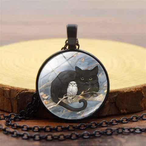 Collar con Colgante de Aleación de Vidrio Cabujón Vintage Gato Negro Búho Ilustración Artística Joyería de Cadena para Unisex