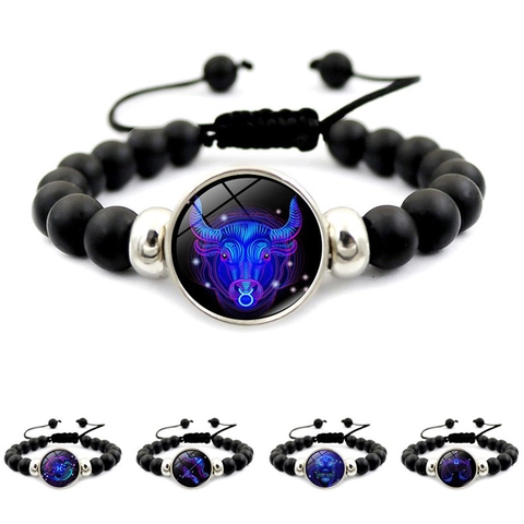 Handmade Zodiac Constellation Beaded Bracelet Matte Black Beads Adjustable Glass Cabochon Bracelet For Men Women Couple Jewelry Birthday Gift