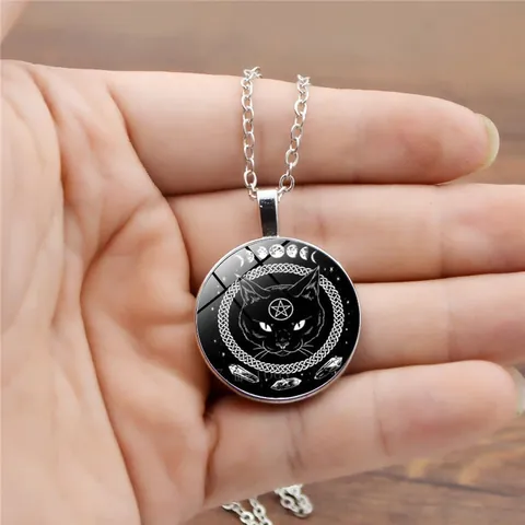 Collar Gotico Gato Negro Pentagrama Fases Lunares Cabujon Vidrio Collar Colgante Animal Retro Joyeria Halloween Unisex