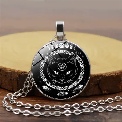 Collar Gotico Gato Negro Pentagrama Fases Lunares Cabujon Vidrio Collar Colgante Animal Retro Joyeria Halloween Unisex