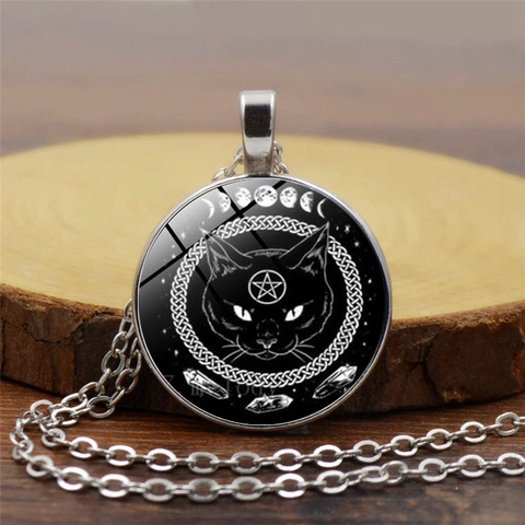 Collana Gotica con Cabochon in Vetro Gatto Nero Pentagramma Fasi Lunari Collana con Ciondolo Animale Retrò Gioielli Halloween Unisex