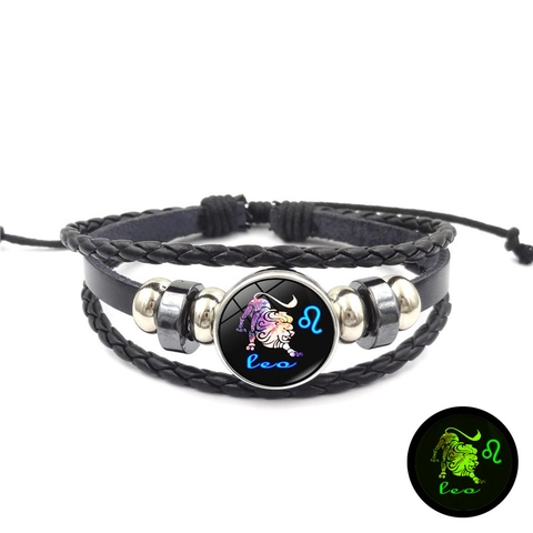 Vintage Lichtgevende Twaalf Sterrenbeelden Armband Meerlaags Handgeweven Kunstleer Verstelbaar Legering Glas Sieraden Cadeau
