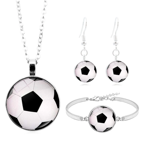Collection Bijoux Sportifs Femmes Alliage Verre Cabochon Collier Boucles d'Oreilles Bracelet Football Basket Baseball Motif