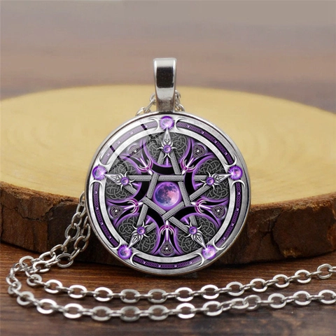 Collier Pendentif Pentagramme Déesse Triple Lune Vintage pour Femmes Hommes Alliage Verre Gemme de Temps Bijoux Wiccan Mystérieux
