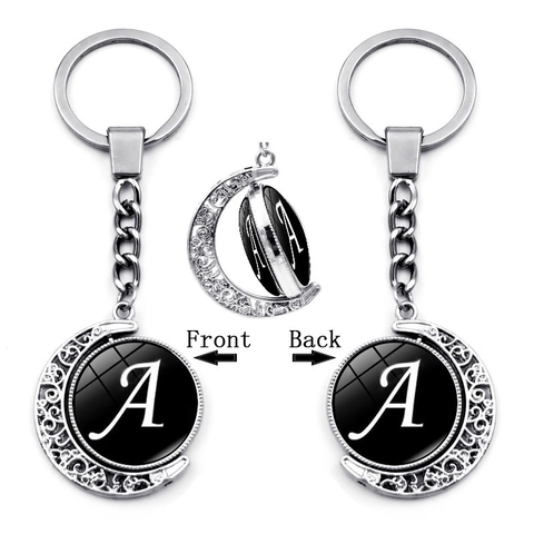 Porte-clés Lune Rotative en Alliage de Zinc Vintage Pendentif Alphabet Initiale Gemme du Temps Anneau Métallique Double Face Cadeau
