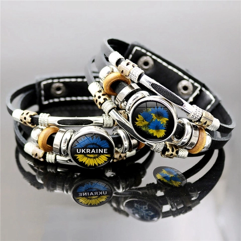 Handmade Multilayer Synthetic Leather Wrap Bracelet For Unisex Sunflower Heart Glass Cabochon Alloy Wood Bead Retro Bracelet Jewelry