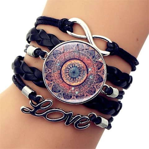 Bohemian Vintage Mandala Glass Pendant Multi-layer Woven Leather Bracelet Infinity Symbol Love Charm Unisex Ethnic Bracelet Jewelry