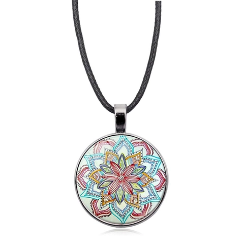 Bohemian Mandala Flower Of Life Pendant Necklace Vintage Alloy Glass Cabochon Sweater Chain For Men Women Jewelry Accessory