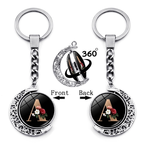 360 Degree Rotating Moon Initial Letter Keychain Double Sided Floral Alphabet Pendant Silver Metal Keyring Fashion Bag Hanging Jewelry Gift