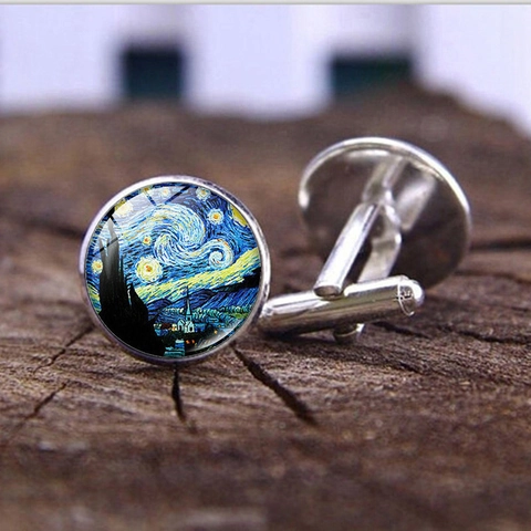 Van Gogh Art Painting Almond Blossoms Starry Night Alloy Glass Cufflinks For Men French Shirt Cuff Links Wedding Business Jewelry