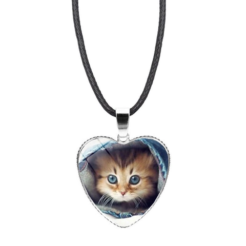 Collana Con Pendente a Cuore di Gatto a Cartone Animato Per Donna Uomo Moda Semplice Lega Vetro Cristallo Foto Cuore Gioielli