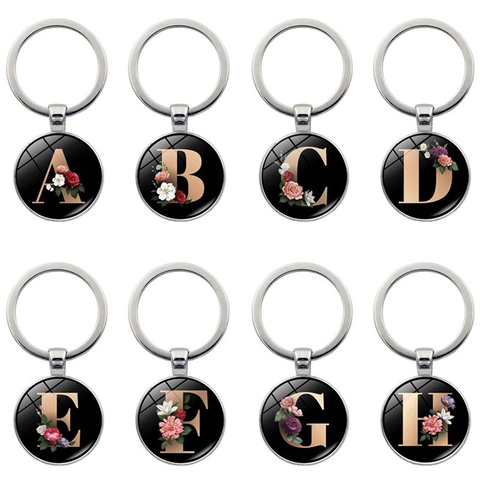 Vintage Floral Alphabet Keychain Silver Metal Initial Letter A-Z Black Round Pendant Time Gem Key Ring For Women Girls Gift