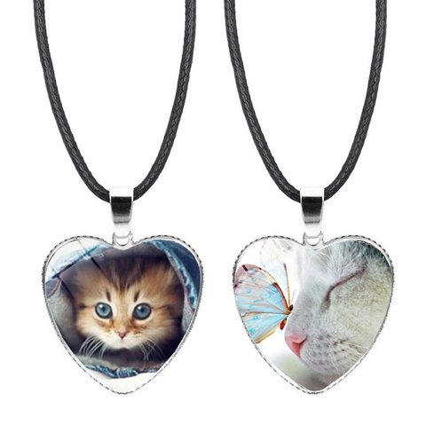 Collana Con Pendente a Cuore di Gatto a Cartone Animato Per Donna Uomo Moda Semplice Lega Vetro Cristallo Foto Cuore Gioielli