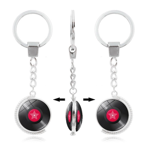 Portachiavi con Disco in Vinile Vintage Lega di Zinco Vetro Ciondolo Rotante a Doppia Faccia Tema Musicale Accessorio per Borsa