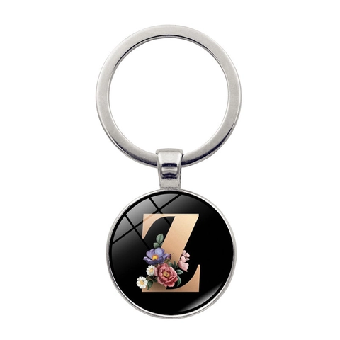 Vintage Floral Alphabet Keychain Silver Metal Initial Letter A-Z Black Round Pendant Time Gem Key Ring For Women Girls Gift