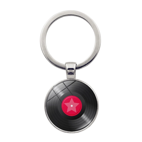 Vintage Schallplatte Zeit Edelstein Schlüsselanhänger Musik Thema Zinklegierung Glas Cabochon Anhänger Schlüsselring Retro Musik Fan Geschenk Taschenanhänger