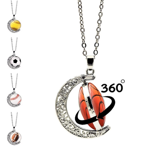 Collier Sport Lune Rotative Double Face Basketball Football Baseball Volleyball Croissant de Lune Pendentif en Alliage