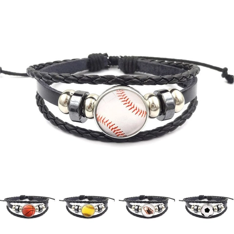 Sportthema Gelaagde Gevlochten Synthetisch Leer Armband Honkbal Basketbal Voetbal Tennis Volleybal Verstelbaar Casual Sieraden Unisex Student Cadeau