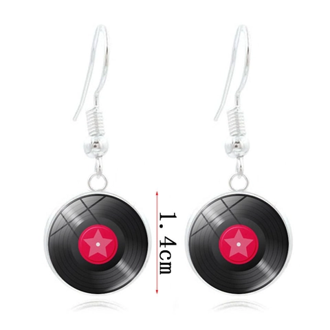 Orecchini a Goccia con Gemma Disco in Vinile Vintage Tema Musica Retrò in Lega di Vetro Intarsiato Gioielli Regalo Donna