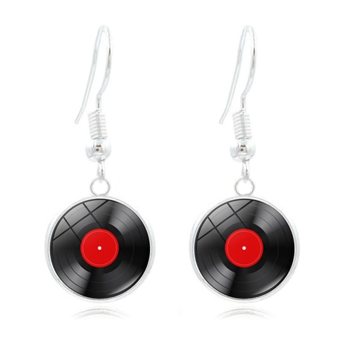 Orecchini a Goccia con Gemma Disco in Vinile Vintage Tema Musica Retrò in Lega di Vetro Intarsiato Gioielli Regalo Donna