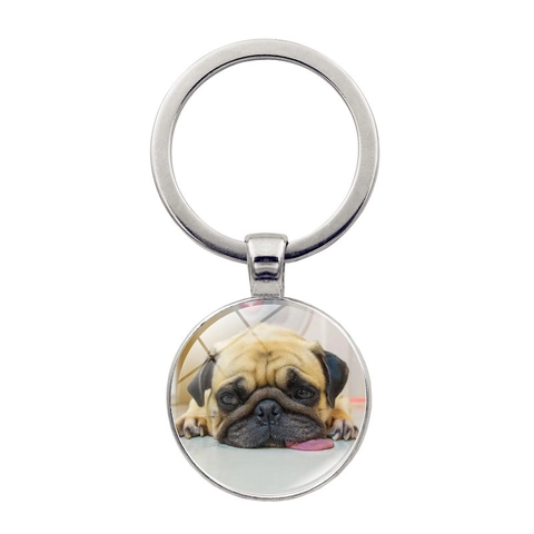 Simpatico Portachiavi in Metallo con Cane Carlino Ciondolo in Vetro Gemma del Tempo Tondo per Decorazione Borsa Regalo Amanti Animali Argento Bronzo