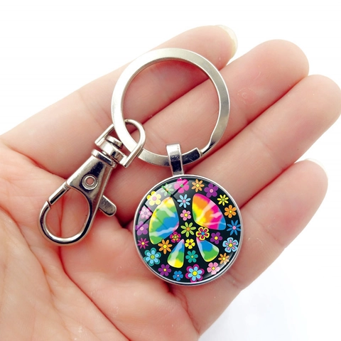 Rainbow Peace Sign Flower Glass Cabochon Keychain Zinc Alloy Hippie Boho Key Ring Jewelry Accessory Gift For Women Men