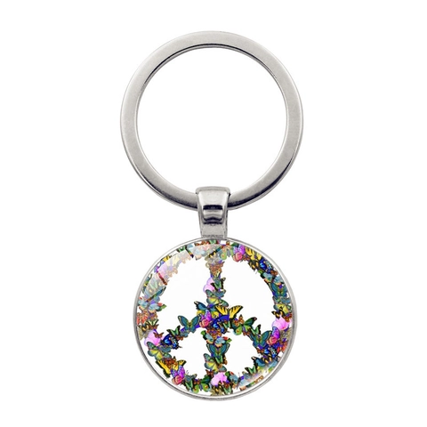 Bohemian Peace Sign Keychain Alloy Glass Cabochon Pendant Colorful Flower Butterfly Pattern Key Ring For Bag Decoration