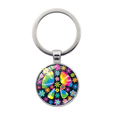 Bohemian Peace Sign Keychain Alloy Glass Cabochon Pendant Colorful Flower Butterfly Pattern Key Ring For Bag Decoration