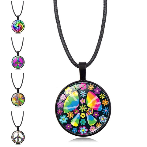 Collar de Colgante de Símbolo de Paz Vintage Aleación Vidrio Cabuchón Joyería Hippie Bohemio Mujer Hombre Arco Iris Floral Mariposa