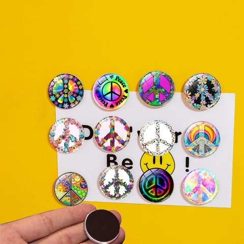 Calamita da Frigo in Vetro Segno della Pace Colorato Floreale Arcobaleno Stile Hippie Rotondo Decorativo Magnetico Lavagna