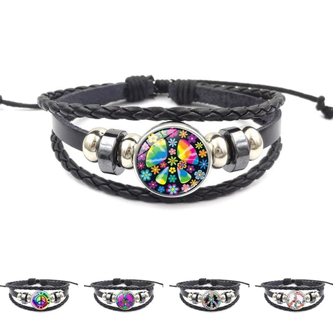 Peace Sign Multilayer Braided Leather Bracelet Alloy Glass Cabochon Boho Punk Adjustable Wristband For Men Women Jewelry
